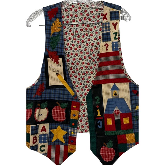 Handmade Jackets & Blazers - Vintage Teacher Schoolhouse Patchwork Vest Apple ABC School Librarian Handmade
